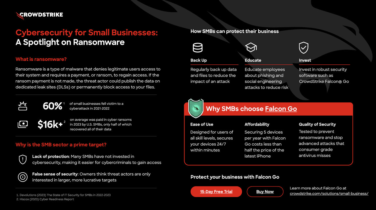 Ransomware, a type of malware that requires a payment to regain access to users’ systems and data, is a very real concern for small businesses. Take a look at this infographic to understand why small businesses are at such risk for ransomware attacks, how they can protect their businesses now and into the future and how Falcon Go brings easy to use, affordable, premium security to stop ransomware attacks.